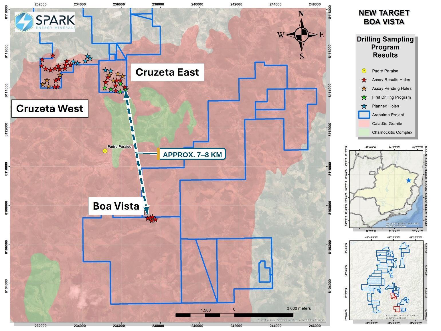 Regional plan map showing the Boa Vista and Cruzeta targets within the Arapaima Project, with the five Boa Vista RC drill holes highlighted.